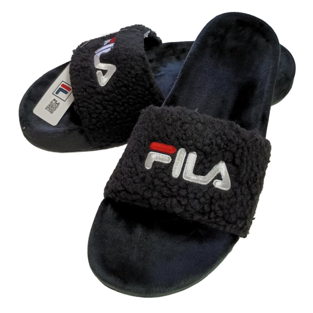 Fila Women's Fuzzy Drifter Slide Sandal BLACK-Red-White Size 7, 8, 9, 10, New